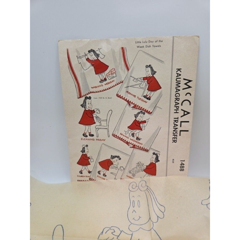 VTG McCall #1488 Kaumagraph Transfer Pattern 1940s Little Lulu Dish Towels Days